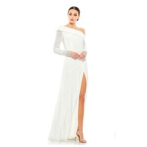 Mac Duggal Beaded Cuff Drop Shoulder Faux Wrap Gown - White - size 14